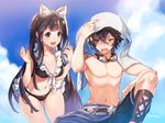  1girl ayer bare_chest bikini black_hair blue_sky brother_and_sister cloud day frilled_bikini frills goggles goggles_around_neck goggles_on_head granblue_fantasy jessica_(granblue_fantasy) konsui_(grcoma) male_swimwear no_nipples protected_link sandals siblings sitting sky swim_trunks swimsuit swimwear towel towel_on_head wet 