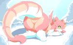  2018 3_toes aliasing anthro ass_up blush cloud featureless_crotch female fur hair hi_res horn looking_at_viewer nude on_cloud outside pata pink_fur pink_hair raised_tail rear_view smile solo species_request toes 