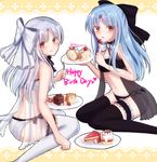  :q ass bangs black_bra black_legwear black_panties blue_hair bow bowtie bra cake choker eating english eyebrows_visible_through_hair feet_out_of_frame food fork from_side fruit happy_birthday highres holding holding_plate knees_together_feet_apart len long_hair looking_at_viewer looking_back melty_blood multiple_girls navel panties plate pointy_ears red_eyes ribbon silver_hair sitting smile strawberry tanaji thighhighs tongue tongue_out tsukihime underwear underwear_only wariza white_bra white_legwear white_len white_panties 