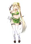  blonde_hair blush bow_(weapon) breasts cleavage closed_mouth collarbone eyebrows_visible_through_hair full_body green_eyes highres large_breasts long_hair looking_at_viewer navel original side_ponytail smile subaru_(794829485) thighhighs very_long_hair weapon white_legwear 