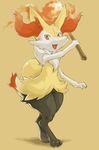  1girl animal_ears arm_up braixen fang feet fire fox_ears fox_tail full_body furry hand_up karasumareko looking_at_viewer looking_to_the_side no_humans open_mouth paws pokemon pokemon_(creature) pokemon_xy red_eyes simple_background smile solo standing stick tail teeth yellow_background 