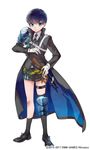  asymmetrical_legwear bangs black_legwear black_neckwear blue_eyes blue_hair closed_mouth highres homerun_ken kenshin_kagemitsu long_coat necktie official_art sheath sheathed short_hair shorts swept_bangs tantou thighhighs touken_ranbu watermark 