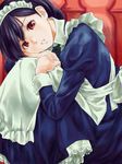  apron blue_hair expressionless eyebrows eyelashes hair_bun hands_on_own_knees hands_together head_on_knees head_rest highres knees_to_chest looking_at_viewer maid maid_apron maid_headdress original parted_lips petticoat pizza_man red_background red_eyes sitting solo 