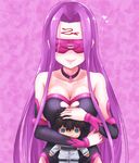  bare_shoulders blindfold blush breasts character_doll choker cleavage detached_sleeves facial_mark fate/grand_order fate_(series) fmg forehead_mark fujimaru_ritsuka_(male) heart highres large_breasts long_hair purple_hair rider smile solo spoken_heart very_long_hair 