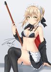  artist_name artoria_pendragon_(all) artoria_pendragon_(swimsuit_rider_alter) black_legwear blonde_hair blush breasts cleavage closed_mouth collarbone eyebrows_visible_through_hair fate/grand_order fate_(series) looking_at_viewer maid_bikini maid_headdress medium_breasts short_hair signature solo thighhighs twitter_username unel yellow_eyes 