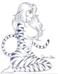  big_breasts breasts feline female hair humanoid_face james_chen looking_at_viewer mammal marvel monochrome simple_background solo stripes tiger tigra 