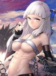  abs areolae bangs blunt_bangs breasts cloud commentary_request elbow_gloves fate/grand_order fate_(series) fingerless_gloves gauntlets gloves long_hair looking_at_viewer medium_breasts minami_koyogi penthesilea_(fate/grand_order) ribbon sky solo toned underboob weapon white_hair yellow_eyes 