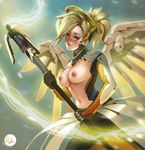  1girl adapted_costume areolae artist_name blonde_hair blue_eyes breasts didi_esmeralda lips looking_at_viewer mechanical_halo mechanical_wings mercy_(overwatch) navel nipples overwatch solo staff 