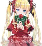  bangs black_ribbon blonde_hair blue_eyes blush bow capelet closed_mouth covered_mouth dress ekita_xuan eyebrows_visible_through_hair flower frilled_sleeves frills green_bow hair_ribbon hands_up headdress holding holding_flower jewelry long_hair long_sleeves looking_at_viewer red_capelet red_dress red_flower red_rose ribbon ring ringlets rose rozen_maiden shinku sidelocks simple_background solo tsurime twintails upper_body very_long_hair white_background 