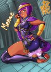  1girl artist_request ass bike_shorts breasts capcom character_name circlet dark_skin erect_nipples fingerless_gloves gloves looking_back menat purple_eyes purple_hair shawl shiny shiny_clothes shiny_hair shiny_skin short_hair solo street_fighter street_fighter_v thighhighs toeless_legwear 