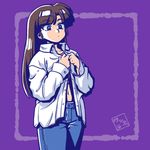  alternate_costume alternate_hairstyle artist_logo bangs blue_eyes blunt_bangs border brown_hair buttoning crop_top denim dress_shirt dressing hair_down jeans kuonji_ukyou long_hair looking_down navel no_hair_bow pants purple_background ranma_1/2 shirt signature simple_background solo undershirt wanta_(futoshi) white_shirt 