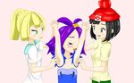 3girls :3 acerola_(pokemon) ahoge arm_up armpits arms_up artist_request beanie black_eyes black_hair blonde_hair blue_dress blush braid breasts collarbone dress eyes_closed flat_chest from_side green_eyes green_shorts hair_ornament hand_holding hand_up hat highres laughing lillie_(pokemon) looking_down mizuki_(pokemon_sm) multiple_girls open_mouth pink_background pokemon pokemon_sm ponytail purple_hair red_hat shirt short_hair short_sleeves shorts simple_background small_breasts smile standing tears tickling tied_hair tied_shirt white_shirt yellow_shirt 