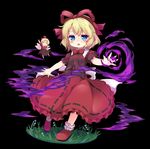  baku-p black_shirt blonde_hair blue_eyes fairy fairy_wings magic medicine_melancholy minigirl open_mouth outstretched_arms red_skirt ribbon shirt shoes short_hair skirt smile solo su-san touhou wings 