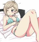  aqua_bikini aqua_bra bed bed_sheet bikini blonde_hair blush bra breasts closed_mouth commentary_request jessica_(roku_kyuu) lying medium_breasts on_back on_bed one_eye_closed pillow roku_kyuu short_hair simple_background solo swimsuit tears underwear white_background 