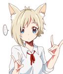  1girl animal_ears blonde_hair blue_eyes blush cat_ears collared_shirt fox_shadow_puppet jessica_(roku_kyuu) long_sleeves neck_ribbon original red_ribbon ribbon roku_kyuu shirt short_hair simple_background sketch sleeves_folded_up solo speech_bubble spoken_ellipsis white_background white_shirt 