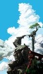  blurry bridge cloud cloudy_sky column commentary_request day depth_of_field fantasy grass highres leaf mountaintop no_humans nurie_(siniariot) original outdoors pillar roots ruins scenery shrine sky stairs torii tree 