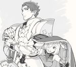  1girl armor bare_shoulders cape_lift fate/grand_order fate_(series) father_and_daughter greyscale kijinoido lancelot_(fate/grand_order) lifted_by_another lips looking_at_another mash_kyrielight monochrome peeking_out shared_cape shared_clothes smile twitter_username under_clothes upper_body 