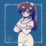  alternate_costume artist_logo bangs blue_background blue_eyes blunt_bangs border bow brown_hair closed_mouth cowboy_shot crossed_arms dress hair_bow kuonji_ukyou long_hair looking_at_viewer ponytail ranma_1/2 signature simple_background solo sweater sweater_dress wanta_(futoshi) white_bow white_sweater 