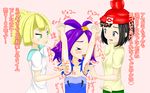  3girls :3 acerola_(pokemon) ahoge arm_up armpits arms_up artist_request beanie black_eyes black_hair blonde_hair blue_dress blush braid breasts collarbone dress eyes_closed flat_chest from_side green_eyes green_shorts hair_ornament hand_holding hand_up hat heart highres laughing lillie_(pokemon) looking_down mizuki_(pokemon_sm) multiple_girls open_mouth pink_background pokemon pokemon_sm ponytail purple_hair red_hat shirt short_hair short_sleeves shorts simple_background small_breasts smile standing tears text tickling tied_hair tied_shirt translation_request white_shirt yellow_shirt 