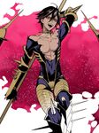  bare_chest black_hair bodysuit cape collar commentary_request cosplay dark_skin dark_skinned_male eyeliner fate/grand_order fate/prototype fate/prototype:_fragments_of_blue_and_silver fate_(series) flat_color fur_cape gold_trim jewelry karna_(fate) karna_(fate)_(cosplay) makeup male_focus necklace ozymandias_(fate) pectorals polearm solo spear spiked_collar spikes weapon zuwai_kani 