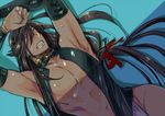  areolae arms_up black_hair blue_background blue_eyes clenched_teeth collarbone fundoshi izumi-no-kami_kanesada japanese_clothes long_hair looking_at_viewer lying male_focus on_back pectorals saida_nika simple_background solo sweat teeth touken_ranbu 