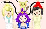  3girls :3 acerola_(pokemon) ahoge animal_ears armpits arms_up artist_request beanie black_eyes black_hair blonde_hair blue_dress blush braid breasts collarbone dress drooling eyes_closed flat_chest hair_ornament hands_together hat highres laughing lillie_(pokemon) looking_to_the_side matching_hair/eyes mimikyu mizuki_(pokemon_sm) multiple_girls open_mouth pink_background pokemon pokemon_(creature) pokemon_sm purple_eyes purple_hair red_hat restrained saliva shirt short_hair short_sleeves simple_background small_breasts smile tail tears tickling tied_hair wavy_mouth white_shirt yellow_shirt 