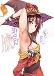  :&lt; armpits belt black_hair blush breasts dress embarrassed eyebrows_visible_through_hair fingerless_gloves frown gloves gyonikun hadanugi_dousa hat kono_subarashii_sekai_ni_shukufuku_wo! looking_at_viewer megumin red_eyes short_hair_with_long_locks sideboob small_breasts solo strapless strapless_dress text_focus translated tube_dress undressing white_background witch witch_hat 
