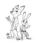  2016 3_toes 4_fingers ankle_guards anthro badge barefoot belt belt_pouch black_nose bulletproof_vest canine claws clothed clothing digital_media_(artwork) dipstick_ears dipstick_tail disney duo female finger_gun fox front_view fully_clothed fur greyscale hand_in_pocket hand_on_hip hi_res judy_hopps knee_pads lagomorph long_ears looking_aside looking_at_viewer luigil male mammal monochrome multicolored_tail necktie nick_wilde open_mouth open_smile pants police_uniform rabbit shirt simple_background smile standing toes unfinished uniform wave white_background wrist_guards zootopia 