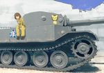  black_footwear brown_hair caterpillar_tracks commentary day emblem freckles girls_und_panzer ground_vehicle holding jumpsuit leopon_(animal) long_sleeves mechanic military military_vehicle motor_vehicle nito_(nshtntr) on_vehicle ooarai_(emblem) open_mouth orange_jumpsuit outdoors shirt shoes short_hair sitting smile solo tank tank_focus tiger_(p) tsuchiya_(girls_und_panzer) v_arms white_shirt wrench 
