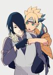  acaallodola amputee bandaged_arm bandages black_eyes black_hair blue_eyes blue_hair boruto:_naruto_the_movie carrying fist_bump hair_over_one_eye jacket multiple_boys naruto naruto_(series) pale_skin piggyback simple_background smile uchiha_sasuke upper_body uzumaki_boruto waistcoat whisker_markings 