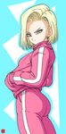  absurdres alternate_costume android_18 ass blonde_hair blue_background blue_eyes chris_re5 closed_mouth dragon_ball dragon_ball_super earrings hands_in_pockets highres jacket jewelry looking_at_viewer pants short_hair simple_background solo track_suit 