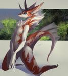  2017 ambiguous_gender anthro aquatic_dragon biped blue_eyes digital_media_(artwork) digital_painting_(artwork) dragon ears_back fin flat_chested front_view frown full-length_portrait fur furred_dragon grey_horn hi_res horn japanese kemono long_tail looking_away mane_hair membranous_fin multicolored_fur multicolored_scales nature neck_tuft nude on_knee orange_fur orange_scales orange_tail portrait rady-wolf scale scales shadow signature simple_background slit_pupils small_waist solo tail_fin tree tuft two_tone_fur two_tone_scales two_tone_tail voluptuous webbed_hands white_background white_fur white_scales white_tail wingless_dragon 