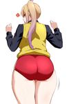  anger_vein ass back blonde_hair breasts buruma closed_mouth commentary_request from_behind highres iku_(ikuchan_kaoru) kawakami_mai large_breasts long_hair mole mole_on_thigh mole_under_eye motion_lines musaigen_no_phantom_world ponytail profile purple_eyes red_buruma side_ponytail simple_background solo standing thighs veins vest white_background 