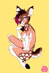  2016 anthro belly biped black_fur black_nose black_tail blue_eyes breasts brown_fur brown_hair brown_tail cervine cheek_tuft countershade_tail countershade_torso countershading deer digital_drawing_(artwork) digital_media_(artwork) digitigrade dipstick_ears ear_piercing eyelashes facial_markings facial_piercing featureless_breasts female fluffy fluffy_tail full-length_portrait fur hair hooved_fingers humanoid_hands inner_ear_fluff looking_up mammal markings medium_breasts multicolored_fur multicolored_hair multicolored_tail nose_piercing nose_ring nude piercing portrait purple_hair red_hair ryarik septum_piercing short_hair short_tail simple_background sitting slightly_chubby small_waist smile solo spots spotted_fur suspended_in_midair tuft undercut watermark white_countershading white_fur white_spots white_tail yellow_background 