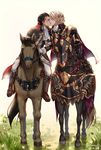  armor artist_name black_hair blonde_hair boots brown_eyes cape capelet closed_eyes dated fire_emblem fire_emblem:_thracia_776 fire_emblem_heroes fire_emblem_if full_body gloves grass headband highres horse horseback_riding kiss male_focus marks_(fire_emblem_if) multiple_boys ponytail reinhardt_(fire_emblem) riding short_hair signature simple_background sword wani_(fadgrith) weapon yaoi 