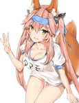  animal_ear_fluff animal_ears bangs blush breasts cleavage collarbone commentary_request cowboy_shot eyebrows_visible_through_hair fate/extra fate_(series) fox_ears fox_tail gym_uniform hair_between_eyes hand_up headband large_breasts leaning_forward long_hair looking_at_viewer name_tag open_mouth pink_hair shirt short_sleeves sidelocks silver_(chenwen) simple_background smile solo t-shirt tail tamamo_(fate)_(all) tamamo_no_mae_(fate) thighs white_background white_shirt yellow_eyes 