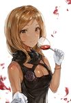  absurdres breasts brown_hair chan1moon cleavage cleavage_cutout cup drinking_glass gloves highres holding_hands idolmaster idolmaster_million_live! long_hair looking_at_viewer medium_breasts momose_rio out_of_frame pov pov_hands smile solo_focus white_gloves wine_glass 