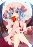  absurdres apple bare_legs bat_wings blue_hair blush bow crossed_legs fangs flower food fruit hair_between_eyes hat hat_ribbon highres holding holding_food holding_fruit looking_at_viewer miri_(miri0xl) mob_cap nail_polish open_mouth petals pink_hat pink_skirt red_bow red_eyes red_flower red_nails red_ribbon red_rose remilia_scarlet ribbon rose rose_petals short_hair skirt solo tongue touhou unbuttoned wing_collar wings wrist_cuffs 