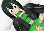  1girl :&gt; asui_tsuyu bar_censor beige_gloves black_eyes black_legwear blush bodysuit boku_no_hero_academia breasts censored clitoris closed_mouth erection green_hair hair_between_eyes hetero leg_lift looking_at_another lying male_pubic_hair medium_breasts meronshiroppu missionary on_back penis pointless_censoring pubic_hair pussy sex solo_focus thighhighs torn_bodysuit torn_clothes vaginal 