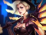  alternate_costume artist_name backlighting blonde_hair blue_eyes bodice breasts brown_gloves capelet cleavage dated earrings elbow_gloves gloves halloween halloween_costume hat highres holding holding_staff jack-o'-lantern jack-o'-lantern_earrings jewelry kylekayhos lips looking_at_viewer mechanical_wings medium_breasts mercy_(overwatch) night nose outdoors overwatch parted_lips pink_lips pinky_out short_hair short_sleeves signature smile solo spread_wings staff upper_body wings witch witch_hat witch_mercy yellow_wings 