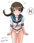  ass_visible_through_thighs blue_sailor_collar blush braid brown_eyes brown_hair dated giraffe_(ilconte) h highres kantai_collection leaning_forward long_hair looking_at_viewer no_pants outstretched_wrists panties sailor_collar school_uniform serafuku side-tie_panties simple_background single_braid solo speech_bubble twitter_username underwear uranami_(kantai_collection) white_background white_panties 