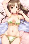  arm_up asymmetrical_bangs bangs bikini breasts brown_eyes cleavage closed_mouth cowboy_shot eyebrows_visible_through_hair front-tie_bikini front-tie_top green_bikini halterneck hand_to_own_mouth highres idolmaster idolmaster_cinderella_girls idolmaster_cinderella_girls_starlight_stage long_hair lying medium_breasts mizumoto_yukari navel o-ring o-ring_bikini o-ring_top on_back paopao side-tie_bikini smile solo swimsuit twitter_username 