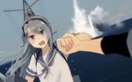  amagiri_(kantai_collection) annin_musou bad_id bad_twitter_id blue_eyes bow commentary explosion female_pov grey_hair grey_sky hair_between_eyes hair_bow hairband hand_grab kantai_collection long_hair multiple_girls ocean open_mouth out_of_frame pov pov_hands rigging sagiri_(kantai_collection) school_uniform serafuku short_sleeves sidelocks surprised turret 