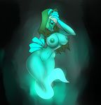  1girl areolae breasts claws full_body ghost ghost_tail green_hair green_skin lewdreaper lips mask monster_girl nipples open_mouth short_hair solo 