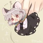  @_@ animal_ears bangs biyon black_dress capelet dress flying_sweatdrops grey_hair jewelry long_sleeves minigirl mouse_ears nazrin open_mouth pendant red_eyes simple_background solo_focus sweat tears touhou 