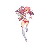  absurdres bangs bare_shoulders blush closed_mouth commentary_request embarrassed eyebrows_visible_through_hair full_body highres holding holding_sword holding_weapon long_hair looking_at_viewer mary_janes midriff navel official_art pink_hair puffy_short_sleeves puffy_sleeves red_eyes red_shorts sangai_senki shirt shoes short_sleeves shorts simple_background solo standing standing_on_one_leg sword thighhighs weapon white_background white_legwear white_shirt xiao_qiao_(sangai_senki) yangsion 