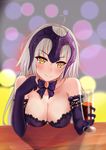  absurdres ahoge alcohol bare_shoulders blush bow breast_rest breasts choker cleavage cup dress drinking_glass elbow_gloves fate/grand_order fate_(series) gloves head_tilt headpiece highres jeanne_d'arc_(alter)_(fate) jeanne_d'arc_(fate)_(all) large_breasts long_hair looking_at_viewer purple_dress purple_gloves smile solo strapless strapless_dress white_hair wine_glass xiao_bing_qiaokeli yellow_eyes 