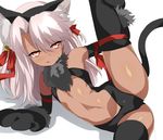  :q absurdres animal_ears arm_ribbon arm_up bad_id bad_twitter_id bare_shoulders black_gloves black_legwear cat_ears cat_tail center_opening chloe_von_einzbern commentary_request dark_skin elbow_gloves eyebrows_visible_through_hair fake_animal_ears fate/kaleid_liner_prisma_illya fate_(series) flat_chest gloves hair_between_eyes hair_ribbon highres leg_lift long_hair lying navel on_side orange_eyes paw_gloves paws pink_hair ribbon shimejinameko simple_background solo tail thighhighs tongue tongue_out 