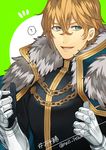  2f_sq ? armor bangs blonde_hair blue_eyes breastplate cape chain commentary_request fate/grand_order fate_(series) fur_trim gauntlets gawain_(fate/extra) gawain_(fate/grand_order) green_background hair_between_eyes looking_away looking_to_the_side male_focus parted_lips solo speech_bubble spoken_question_mark twitter_username upper_body 