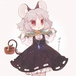  animal_ears basket biyon black_skirt capelet cowboy_shot grey_hair high-waist_skirt jewelry long_sleeves looking_at_viewer mouse_ears mouse_tail nazrin pendant red_eyes short_hair simple_background skirt skirt_set smile solo tail touhou twitter_username 